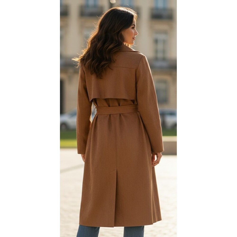 DESIGNER H&M TAN FAUX SUEDE BELTED MIDI LENGTH 48" TRENCH COAT SIZE XLARGE - Picture 8 of 16